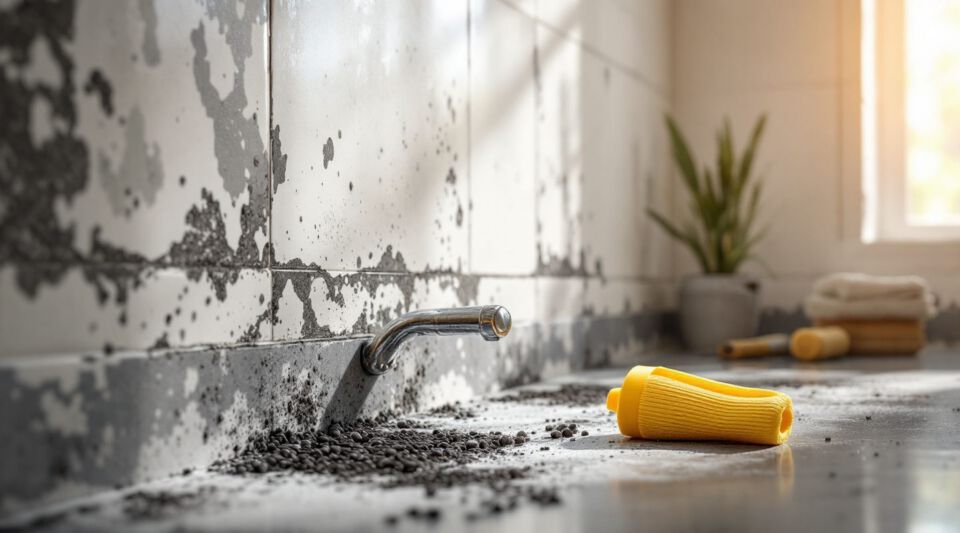 Close-up of dark mold growth along the grout lines and caulking of a tiled bathroom shower wall.